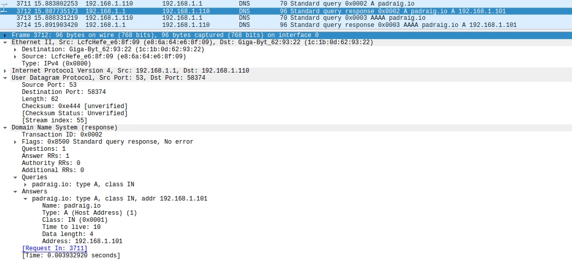 Wireshark capture of the correct forged response