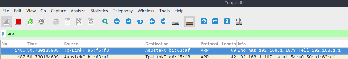 Wireshark with ARP request recorded
