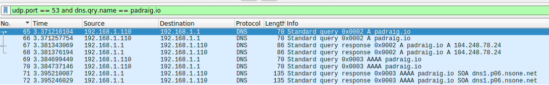 Picture of a Wireshark query with parameters `udp.port == 53 and dns.qry.name == padraig.io`