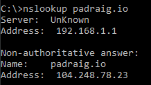 nslookup query of padraig.io resolving to the real IP address