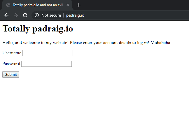 Screenshot of a browser visiting padraig.io, but seeing our evil page