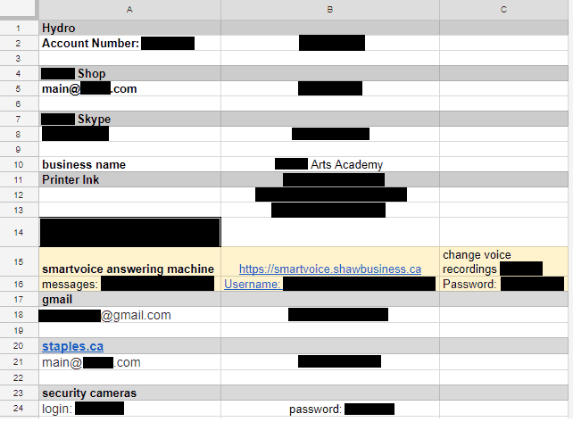 Passwords available in the second spreadsheet